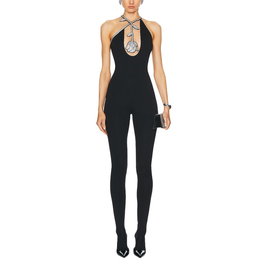 David Koma Embellished Black Crystal Rose Jumpsuit Size UK 6 / US 2